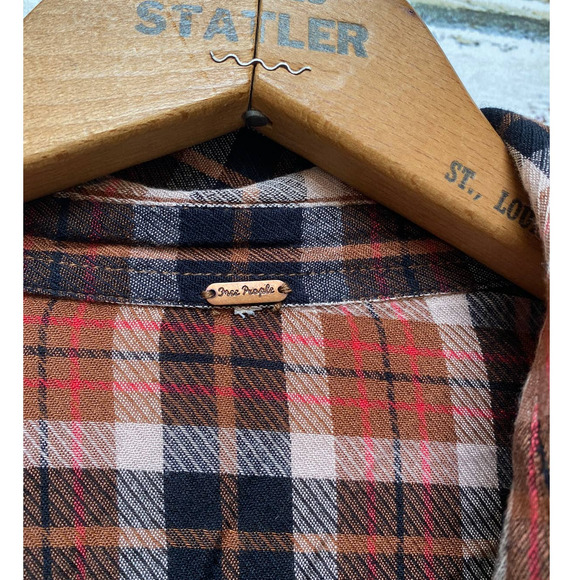 Free People Gold Embroidery Copper Two Tone Plaid Flowing Button Down Blouse - Picture 7 of 10